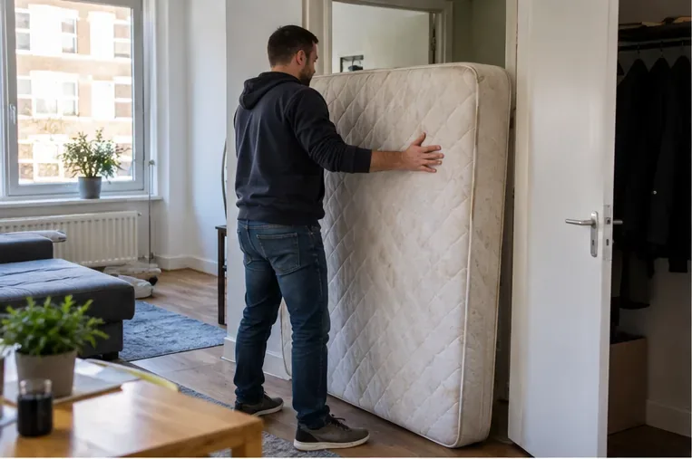 Een persoon tilt een oud matras rechtop door een woning om het klaar te maken voor afvoer.