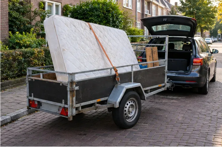 Een oud matras staat met een spanband vastgezet in een kleine aanhanger achter een auto.