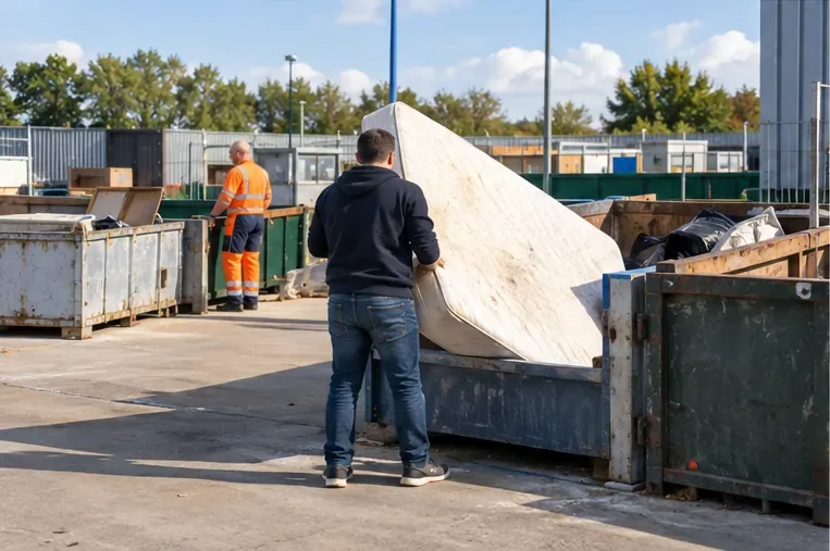Een bezoeker brengt een oud matras naar een afvalbrengstation met grote containers en een medewerker in werkkleding.