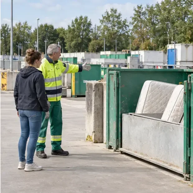 Een medewerker wijst een bezoeker naar een inzamelbak voor matrassen op een recyclingterrein