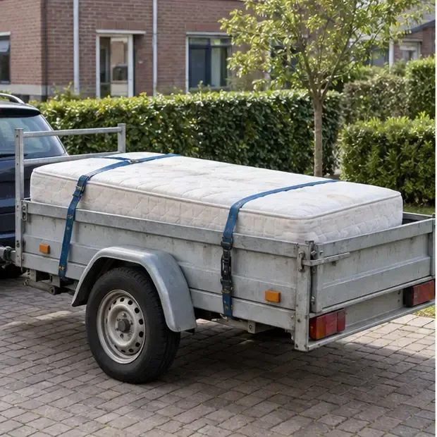 Een matras ligt met spanbanden vast op een kleine aanhangwagen op een woonerf
