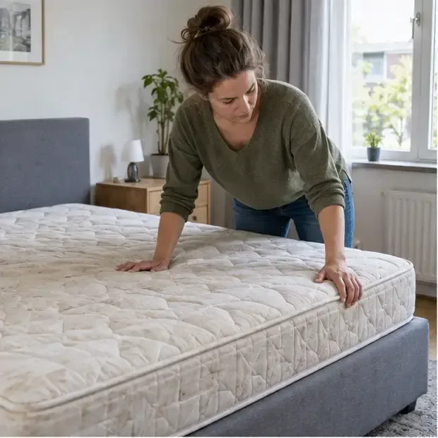 Een vrouw controleert de staat van een matras in een lichte slaapkamer