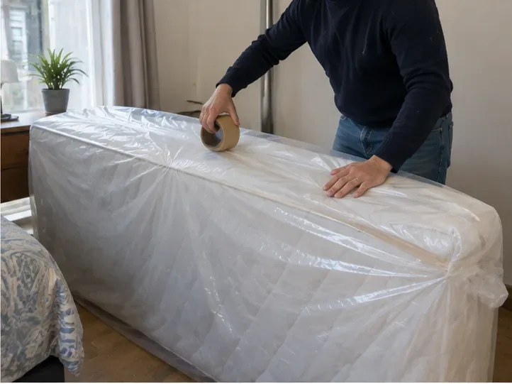 Een persoon trekt een transparante hoes om een matras en plakt de opening zorgvuldig dicht met tape.