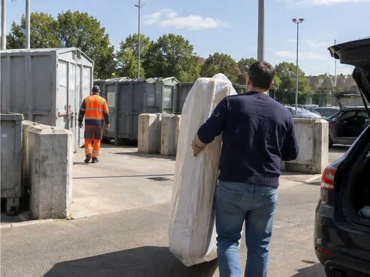 Een persoon draagt een verpakt matras vanaf een auto richting een terrein met afvalcontainers en een medewerker.