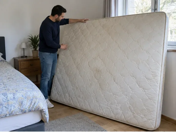 Een persoon zet een oud matras binnenshuis rechtop om het voor afvoer te controleren.