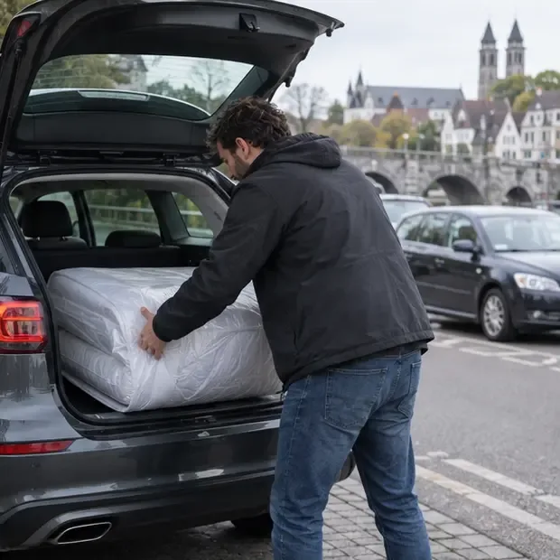 Een inwoner laadt een ingepakt matras in een auto in Maastricht