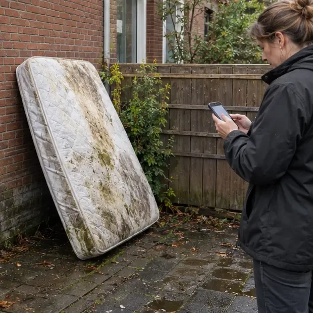 Een zichtbaar nat en vervuild matras staat apart bij een woning terwijl een inwoner de officiële afvalinformatie bekijkt