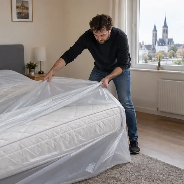 Een inwoner legt een schoon en droog matras in een beschermende hoes in een slaapkamer