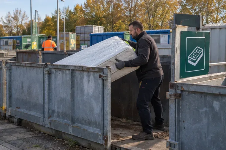 Een medewerker plaatst een wit matras in een aparte container bij een milieustraat met een matrassymbool ernaast