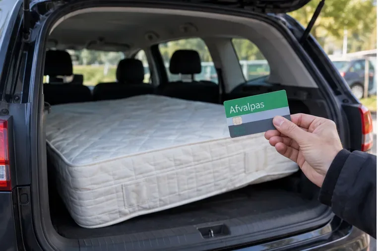 Een matras ligt in de laadruimte van een auto terwijl iemand een afvalpas in de hand houdt
