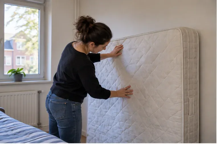 Een vrouw controleert binnenshuis of een wit matras droog en schoon is voordat het wordt afgevoerd