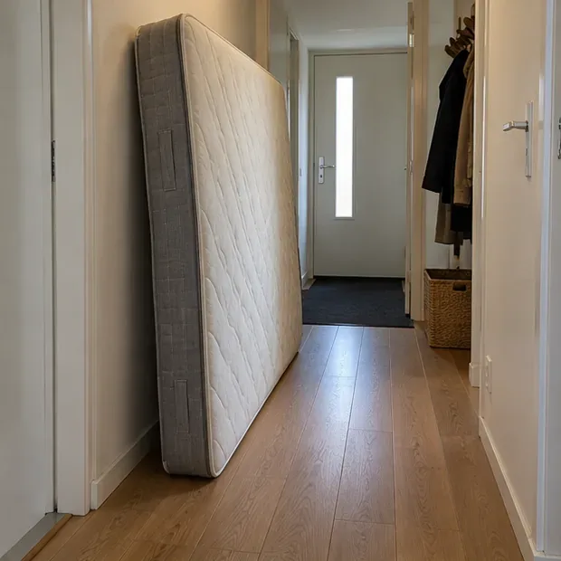 Een matras staat droog en rechtop in een hal binnenshuis.