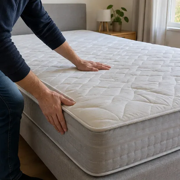 Handen controleren het oppervlak van een matras in een nette slaapkamer.