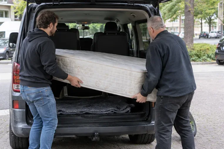 Twee volwassenen tillen een matras voorzichtig in een bestelauto
