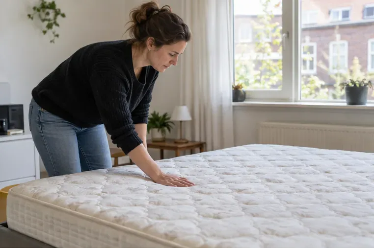 Een bewoner controleert in een slaapkamer of een matras droog en schoon is
