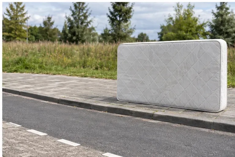 Een droog matras staat op een vrijgehouden stuk stoep voor een geplande grofvuilophaling