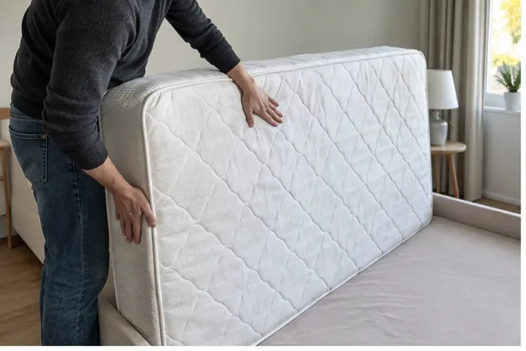 Een bewoner controleert een matras in een slaapkamer voordat het wordt afgevoerd