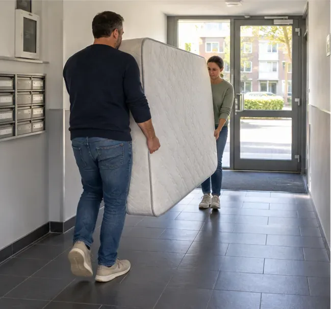 Twee volwassenen dragen samen een matras door een vrije gang naar de uitgang van een appartement.
