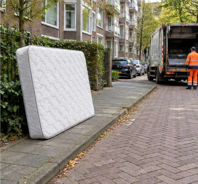 Een matras staat op een verharde plek aan de straat, met een inzamelwagen verderop in de straat.