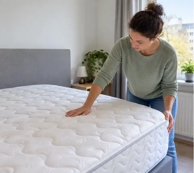 Een vrouw controleert met haar handen het oppervlak van een licht matras in een slaapkamer.