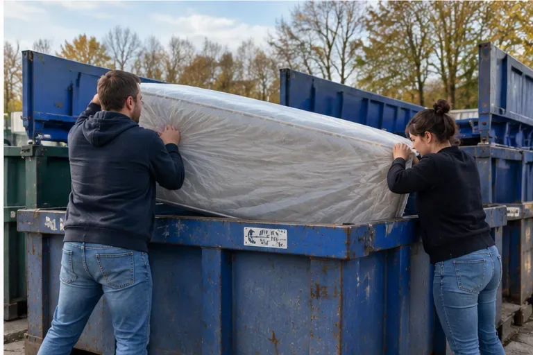 Twee personen tillen een afgedankt matras in een grote container op een afvalbrengstation.