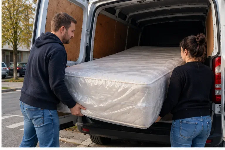 Twee personen schuiven een afgedankt matras in een bestelbus voor vervoer naar het Zelfbrengdepot.
