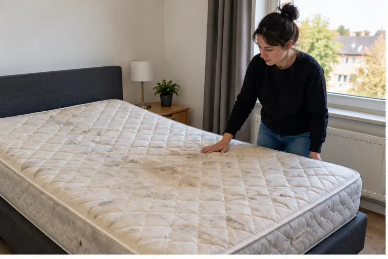 Een versleten matras wordt in een slaapkamer gecontroleerd voordat het naar het Zelfbrengdepot in Zoetermeer wordt gebracht.