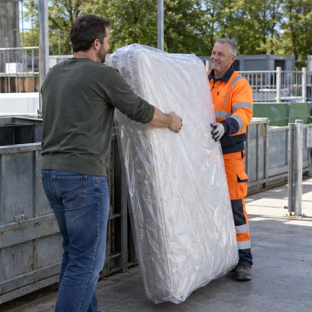 Een bezoeker overhandigt een ingepakte matras aan een medewerker bij een afvalbrengpunt.