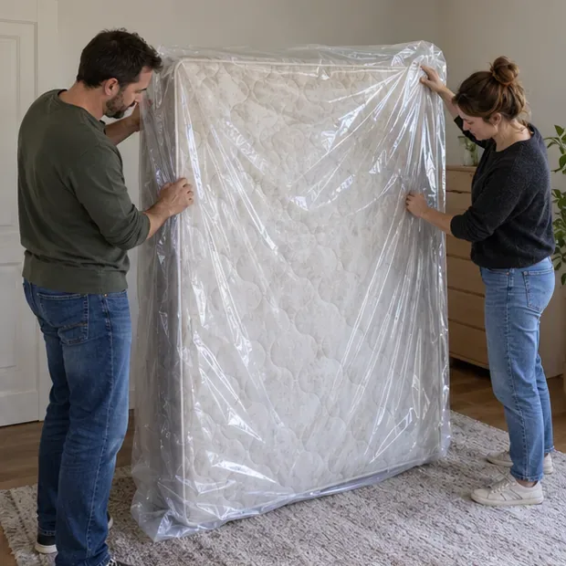 Twee volwassenen schuiven een rechte matras in een transparante beschermhoes.