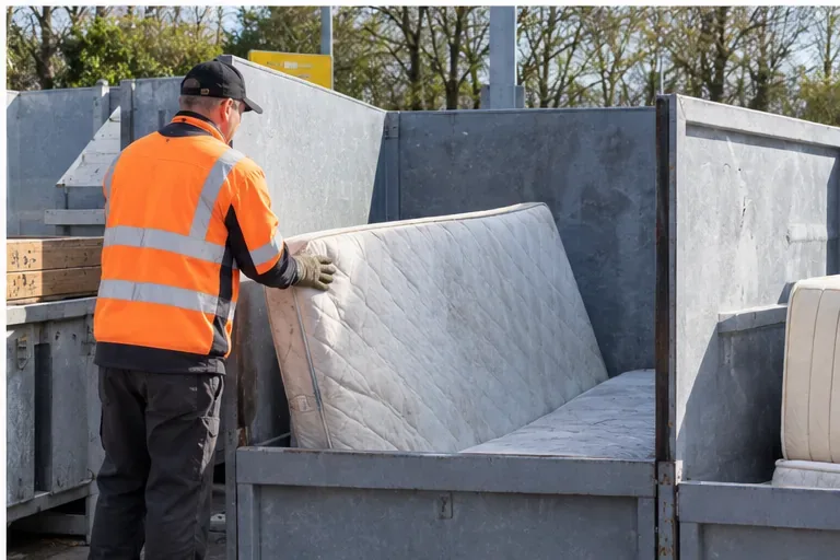 Een medewerker in oranje veiligheidskleding begeleidt een wit matras in een grote inzamelcontainer op een milieustraat.