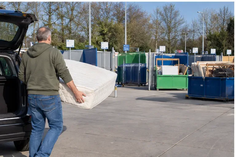 Een man draagt een gebruikt matras vanaf een auto richting verschillende containers op een milieustraat.