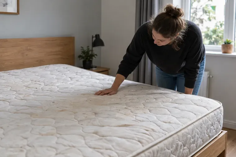 Een persoon controleert een gebruikt matras in een slaapkamer voordat het wordt afgevoerd