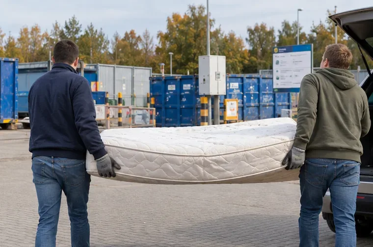Twee personen dragen een matras vanaf een auto naar een gemeentelijke milieustraat
