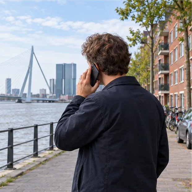 Een bewoner belt buiten in Rotterdam met de Erasmusbrug en stadswoningen op de achtergrond