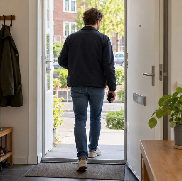 Een persoon loopt met een telefoon vanuit een woning naar buiten zonder de powerbank mee te nemen