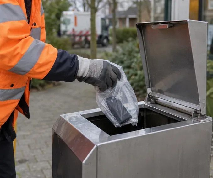 Medewerker met handschoenen ontvangt een klein apparaat in een doorzichtige zak bij een metalen inzamelbak