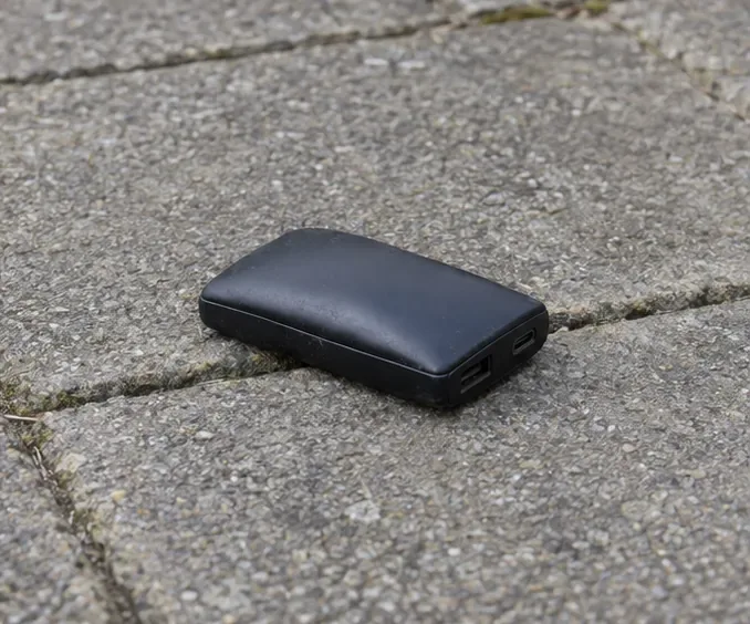 Kleine zwarte powerbank op een stenen buitenvloer