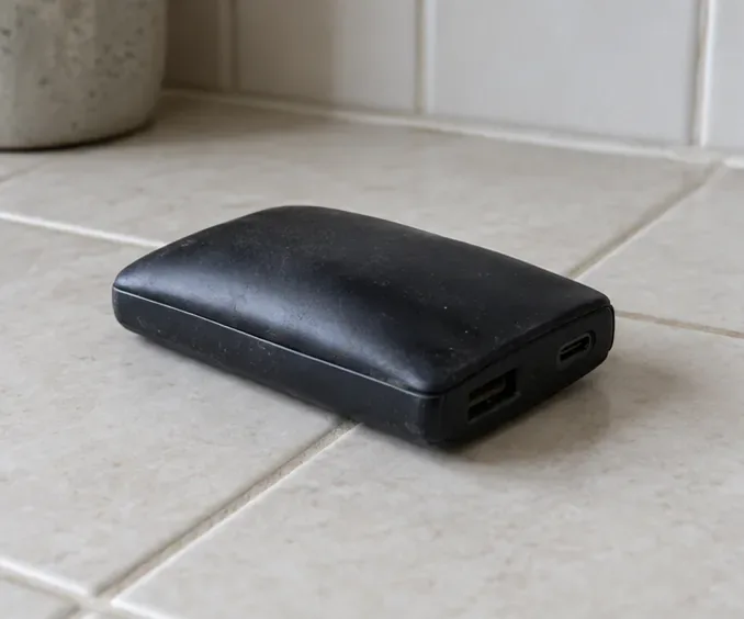 Zwarte powerbank zonder kabel op een lichte tegelvloer