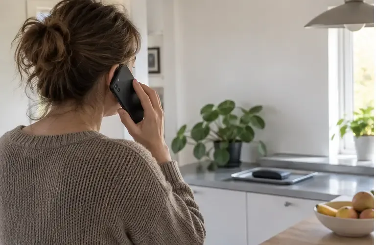 Een inwoner belt voor afvaladvies terwijl de opgezwollen powerbank op afstand op een vrije ondergrond ligt