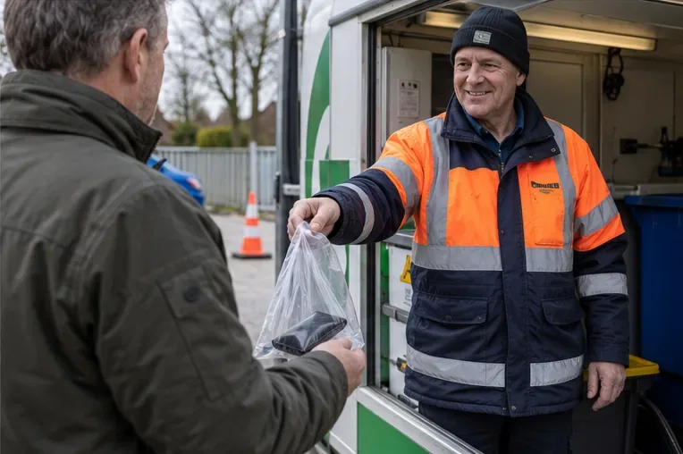 Een inwoner geeft een zakje met een powerbank persoonlijk aan een medewerker bij een mobiele inzamelwagen.