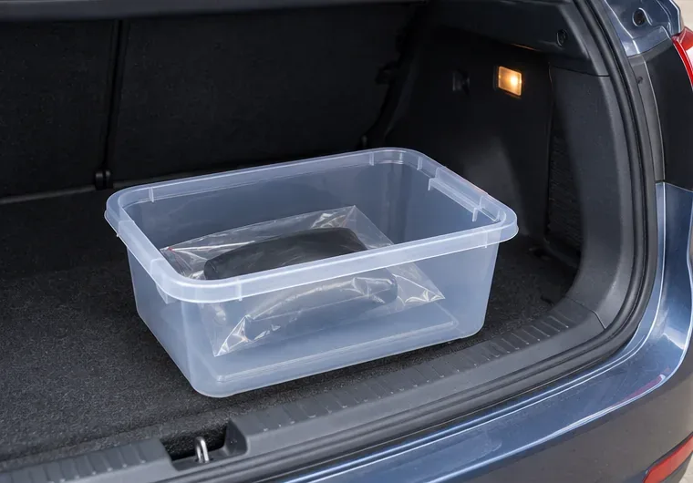 Een afzonderlijk verpakte powerbank ligt stabiel in een kunststof bak in de kofferbak van een auto