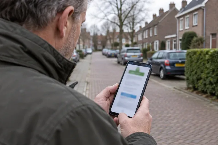Een inwoner bekijkt op een smartphone de informatie over een inzamelpunt voordat hij vertrekt.