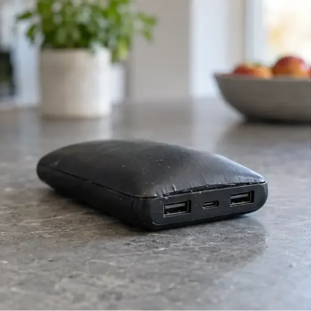 Een zichtbaar opgezwollen zwarte powerbank ligt los op een koel, niet-brandbaar stenen werkblad.