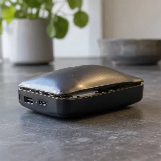 Zichtbaar opgezwollen zwarte powerbank met een bolstaande behuizing op een aanrecht