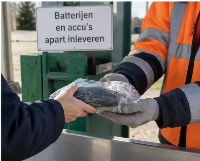 Een medewerker van een milieustation neemt een afzonderlijk verpakte powerbank aan bij een bord voor batterijen en accu's