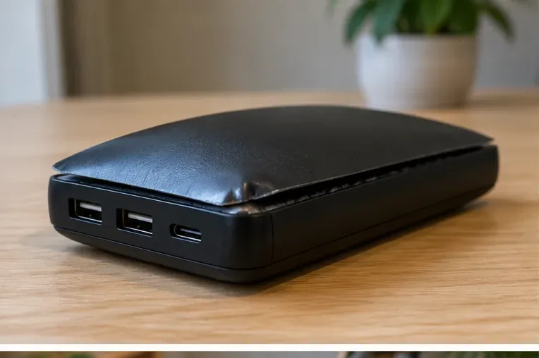 Een zwarte powerbank waarvan de behuizing duidelijk bol staat door een opgezwollen interne accu.