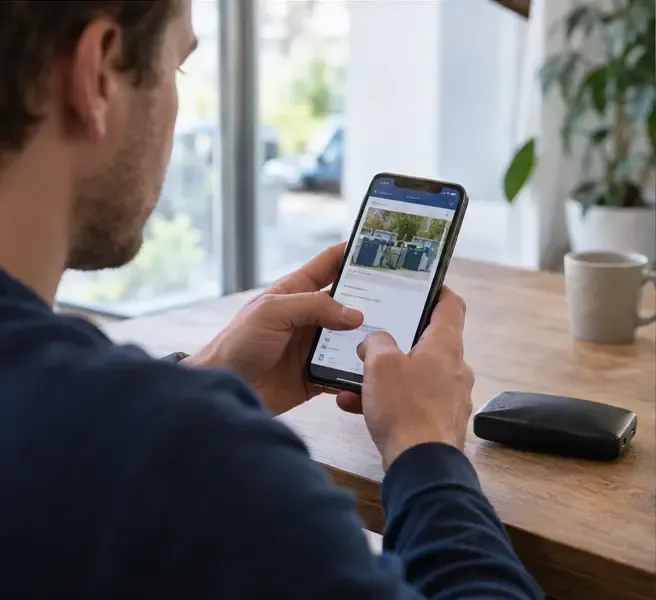 Een man zoekt op zijn smartphone naar een officieel inzamelpunt terwijl de opgezwollen powerbank naast hem op tafel ligt