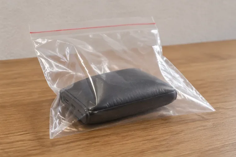 Een opgezwollen zwarte powerbank ligt afzonderlijk in een doorzichtig plastic zakje