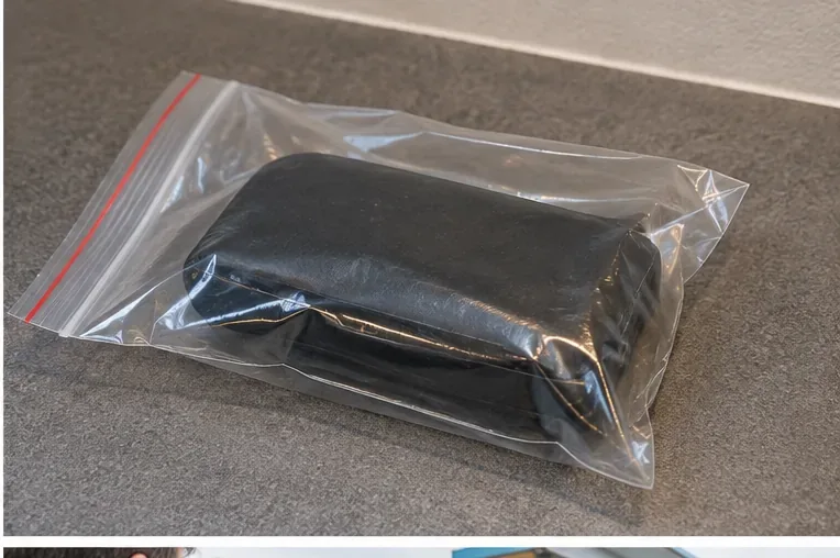 Een opgezwollen zwarte powerbank die afzonderlijk in een doorzichtig afsluitbaar plastic zakje ligt.