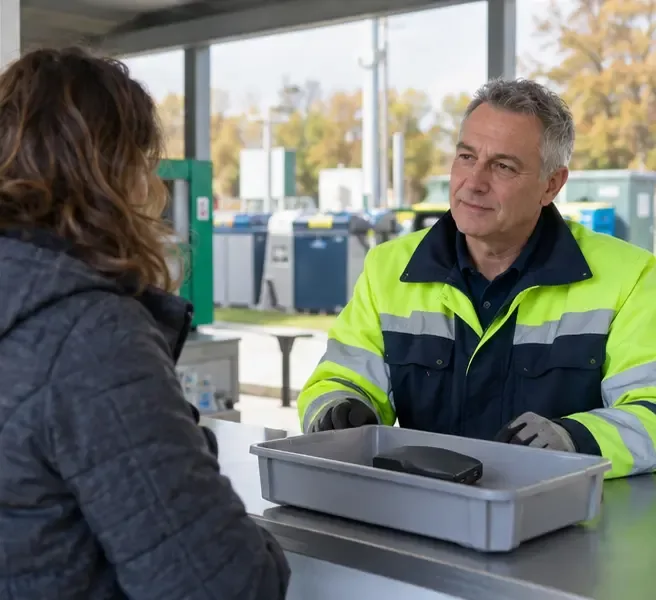 Een vrouw bespreekt een opgezwollen powerbank met een medewerker van een recyclingperron terwijl de accu in een open kunststof bak ligt